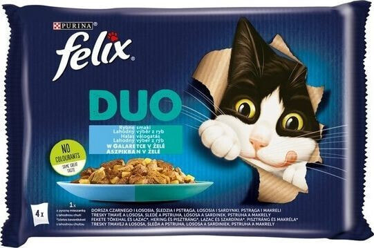 Влажный корм Felix Fantastic Duo для кошек, 12 упаковок по 85 г, треска и лосось, лосось и сардина, сельдь и форель, форель и скумбрия