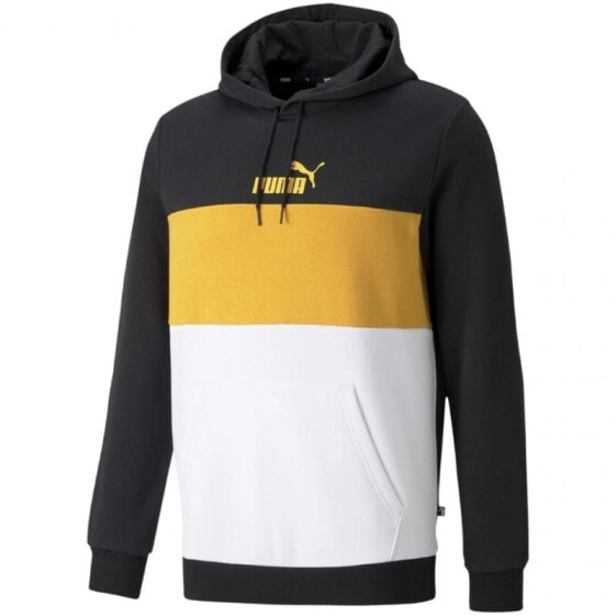 Мужское худи с капюшоном спортивное черное желтое с логотипом Puma ESS + Colorblock Hoodie FL M 587917 56