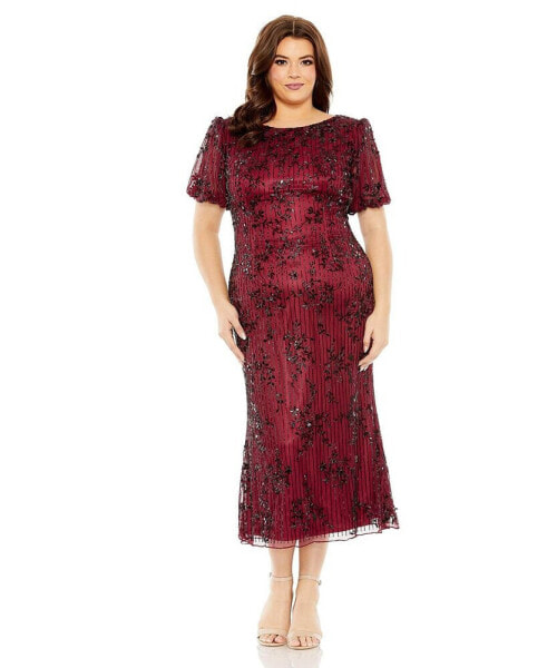 Women's Plus Size High Neck Puff Sleeve Embellished Dress