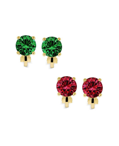 2CT Brilliant Cut Set of 2 Simulated Emerald Green Ruby Red Solitaire Round Cubic Zirconia CZ Clip On Stud Earrings Non Piercing Brass