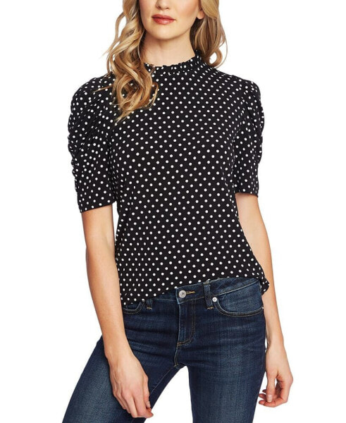 Women's Ruched Short Sleeve Polka-Dot Knit Top