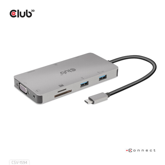 USB-концентратор Club 3D USB Gen1 Type-C 9-in-1 с HDMI - VGA - 2x USB Gen1 Type-A - RJ45 - слотами для карт SD и Micro SD и портом USB Gen1 Type-C - USB 3.2 Gen 1 (3.1 Gen 1) Type-C - 100 Вт - 10,100,1000 Мбит/с - черный - серый - MicroSD (TransFlash) - SD - 60 Гц
