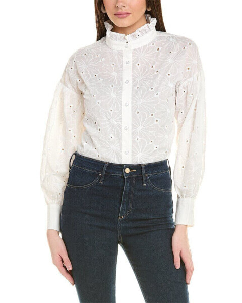 Gracia Floral Embroidered Hick-Neck Frill Shirt Women's