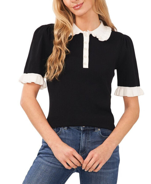 Women's Cotton Ruffle-Collar Short-Sleeve Top