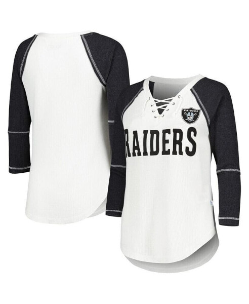 Women's White, Black Las Vegas Raiders Rebel Raglan Three-Quarter Sleeve Lace-Up V-Neck T-shirt