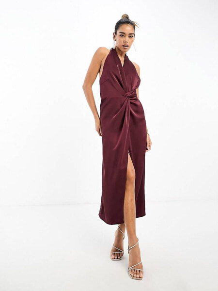 Pretty Lavish knot front satin maxi dress in merlot