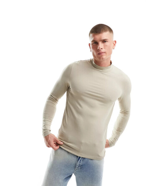 ASOS DESIGN essential muscle fit long sleeve t-shirt in beige