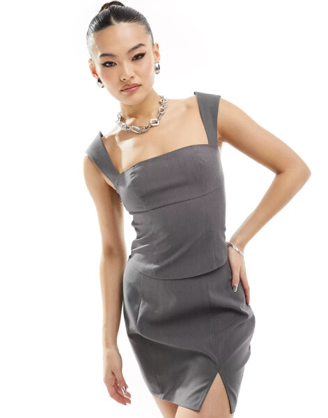 Kaiia tailored square neck corset back detail top co-ord in charcoal grey