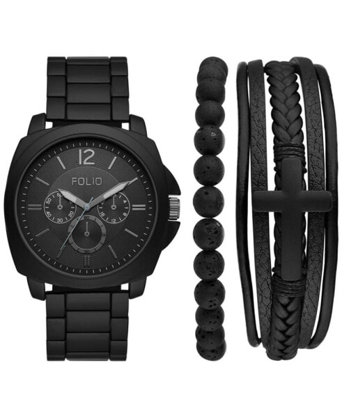 Men's Three Hand Black Alloy Watch 44mm Gift Set