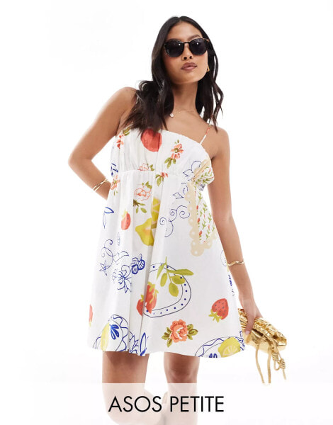 ASOS DESIGN petite ruched bust mini sundress with adjustable straps in all over print