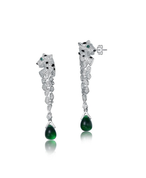 Sterling Silver White Gold Plated with Emerald and Clear Cubic Zirconia Fauna Drop Earrings