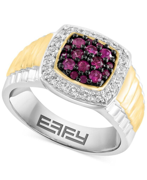 EFFY® Men's Ruby (1/2 ct. t.w.) & White Topaz (3/8 ct. t.w.) Halo Ring in Sterling Silver and 14k Gold-Plate