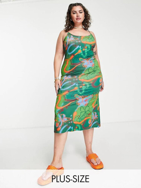 COLLUSION Plus butterfly print cami midi dress in green