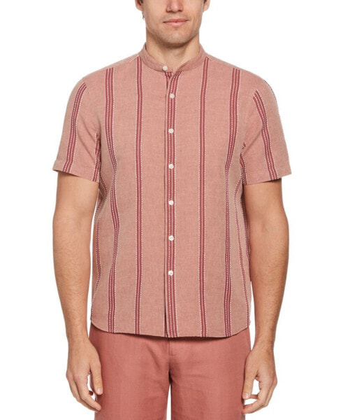 Men's Band-Collar Striped Short Sleeve Button-Front Shirt