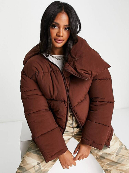 ASYOU curved collar oversized puffer jacket in chocolate