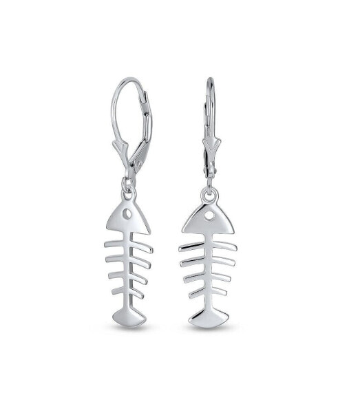 Nautical Vacation Ocean Sea Lever back Drop Dangle Skeleton Fishbone Fish Earrings For Women Teen .925 Sterling Silver
