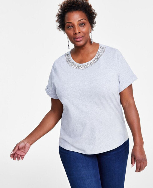 Plus Size Cotton Embellished Tee, Created for Macy's