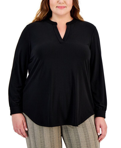 Plus Size Split-Neck Buttoned-Cuff Tunic