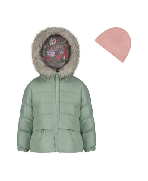 Toddler Girls Solid with Faux Fur Trim Jacket and Fleece Beanie Set