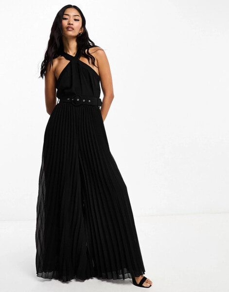 Style Cheat Exclusive wide leg plisse jumpsuit in black