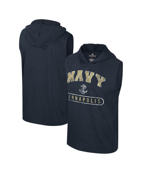 Men's Heather Navy Navy Midshipmen Varsity Sleeveless Hoodie Tank Top