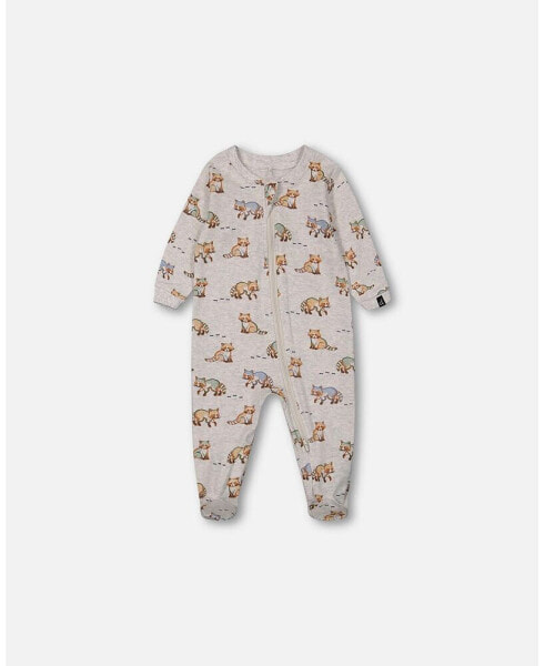 Baby Boys Baby Organic Cotton One Piece Pajama Beige Mix Printed Racoons