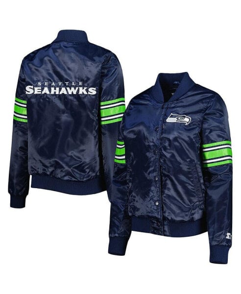 Women's College Navy Seattle Seahawks Line Up Satin Full-Snap Varsity Jacket