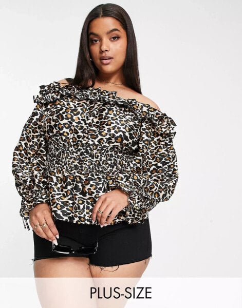 River Island Plus shirred waist bardot blouse in animal print