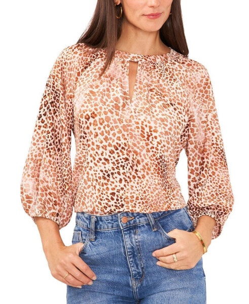 Women's Metallic Animal Print Keyhole Peasant Blouse