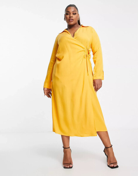 Mango – Curve – Midi-Hemdblusenkleid in leuchtendem Orange mit Knoten auf der Vorderseite