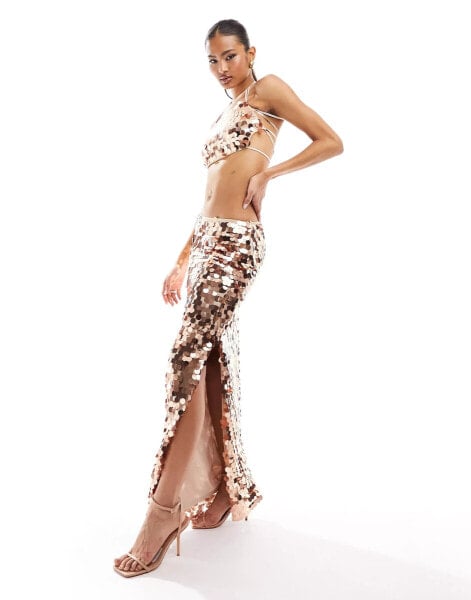 Jaded Rose disc sequin maxi skirt co-ord in gold