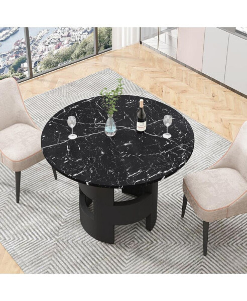 42.12" Modern Round Dining Table With Printed Marble Tabletop For Dining Room, Kitchen, Living Room