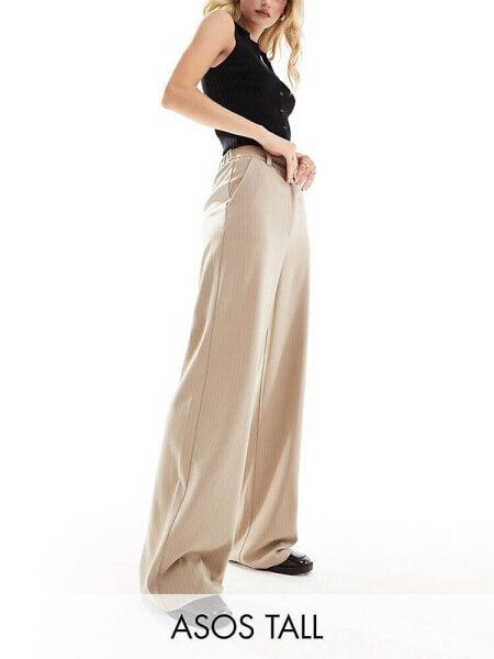 ASOS DESIGN Tall wide leg trouser in taupe pinstripe