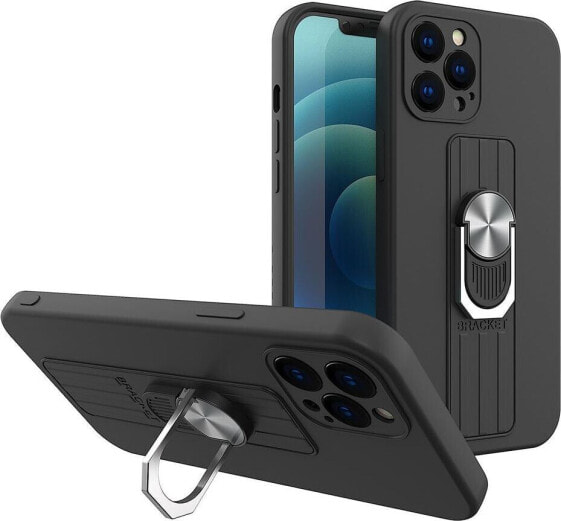 Hurtel Ring Case silikonowe etui z uchwytem na palec i podstawką do Samsung Galaxy A22 4G czarny