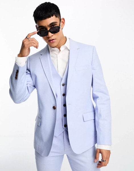 ASOS DESIGN skinny linen mix suit jacket in pastel blue