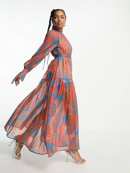 Urban Revivo tiered high neck maxi dress in red and blue print