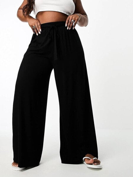 ASOS DESIGN Curve tie belt wide leg trouser in black