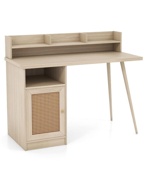 48 Inch Computer Desk with Hutch and PE Rattan Cabinet Shelves