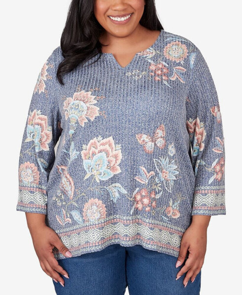 Plus Size Scottsdale Floral Border Split Neck Top