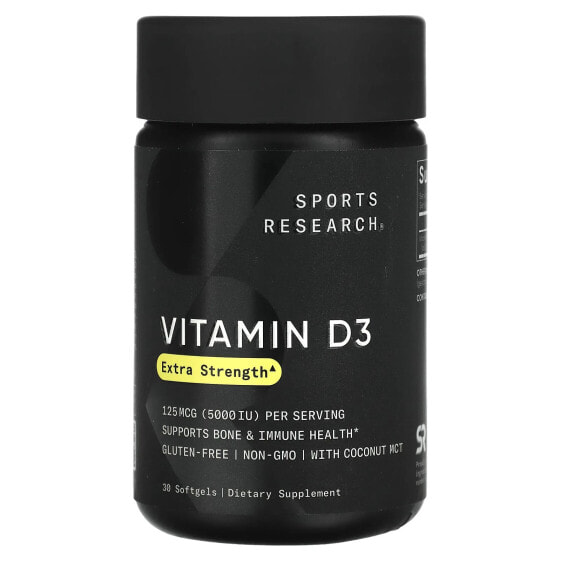 Витамины Sports Research Витамин D3, повышенная доза, 125 мкг (5,000 МЕ), 30 капсул