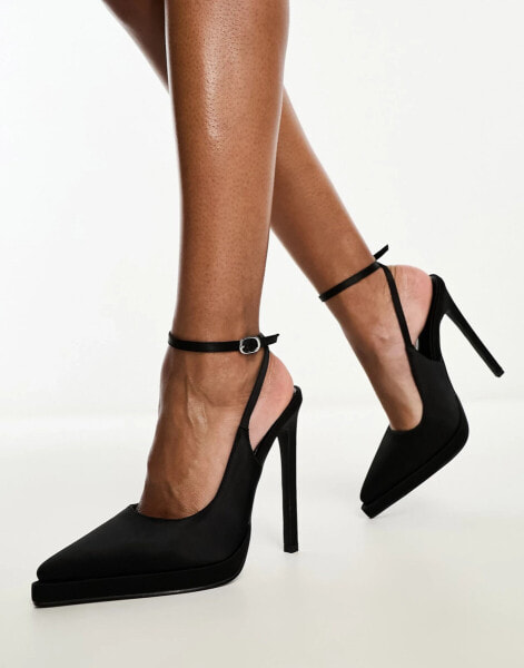 Simmi London Wide Fit Landen platform heeled court shoe in black satin