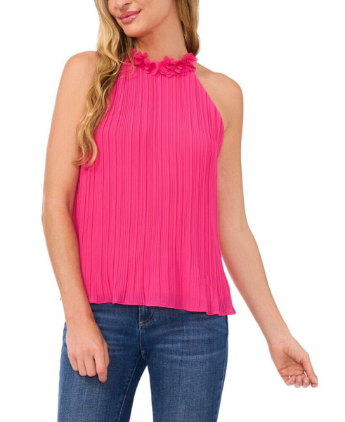 Women's Pleated Halter Neck Top with Floral Collar