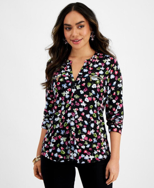 Petite Floral-Print Zipper-Pocket Top, Created for Macy's