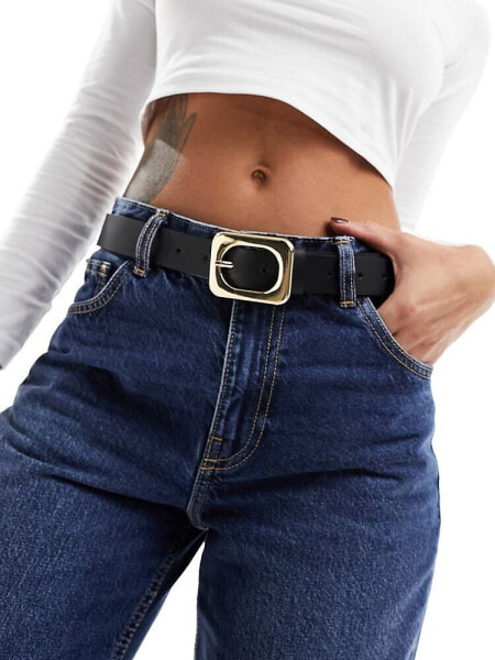 ASOS DESIGN angled square buckle waist and hip jeans belt in black 