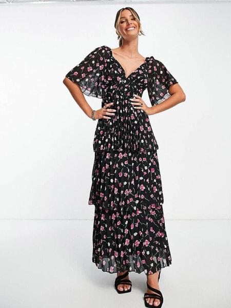 ASOS DESIGN pleated midi dress with tiered skirt in black based pink floral