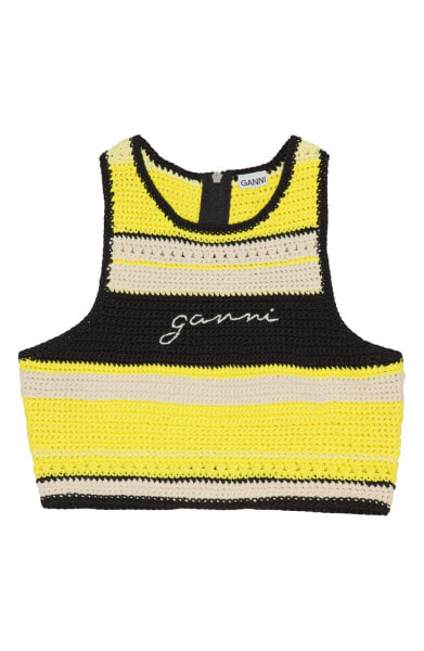 Ganni 298939 Organic Cotton Crochet Crop Top in Golden Kiwi Size 6 Us/ 38