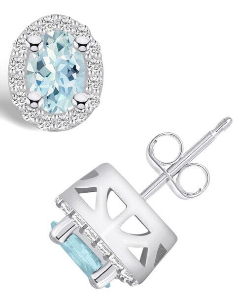 Aquamarine (3/4 ct. t.w.) and Diamond (1/4 ct. t.w.) Halo Stud Earrings in 14K White Gold