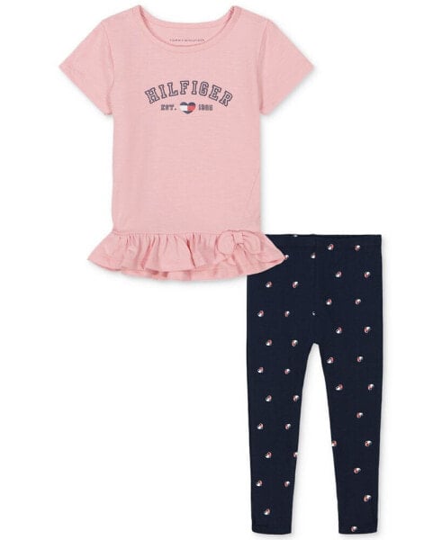 Little Girls Ruffle-Hem Logo Tunic & Logo-Print Leggings, 2 Piece Set