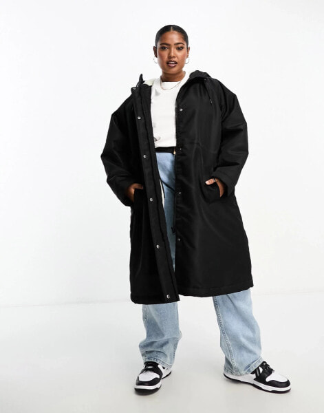 ASOS DESIGN Curve oversized long raincoat with borg lining in black