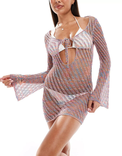 ASOS DESIGN long sleeve tie front knit mini beach dress in multi